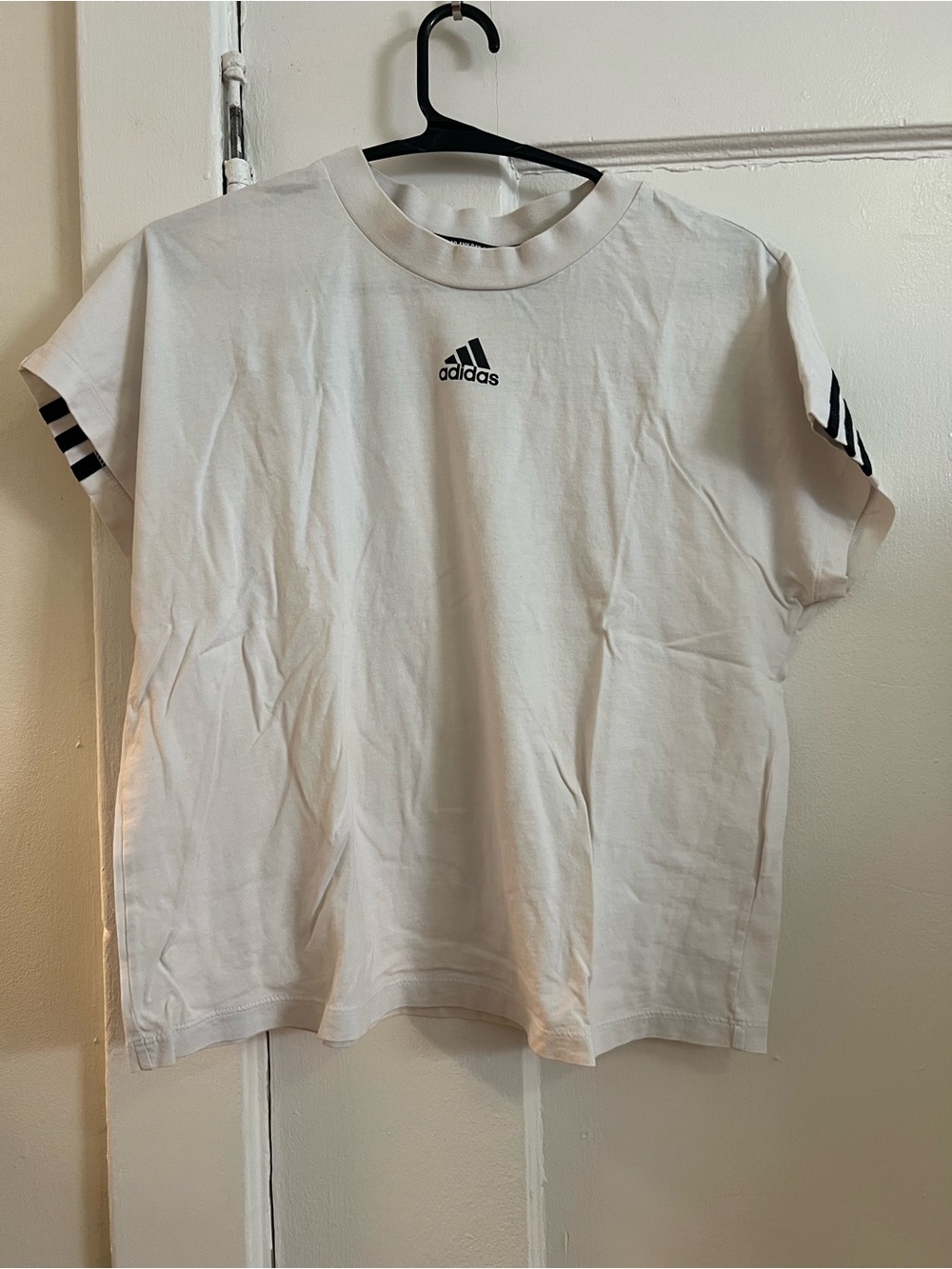 Adidas White Logo Tee with Black Stripe Sleeves size S